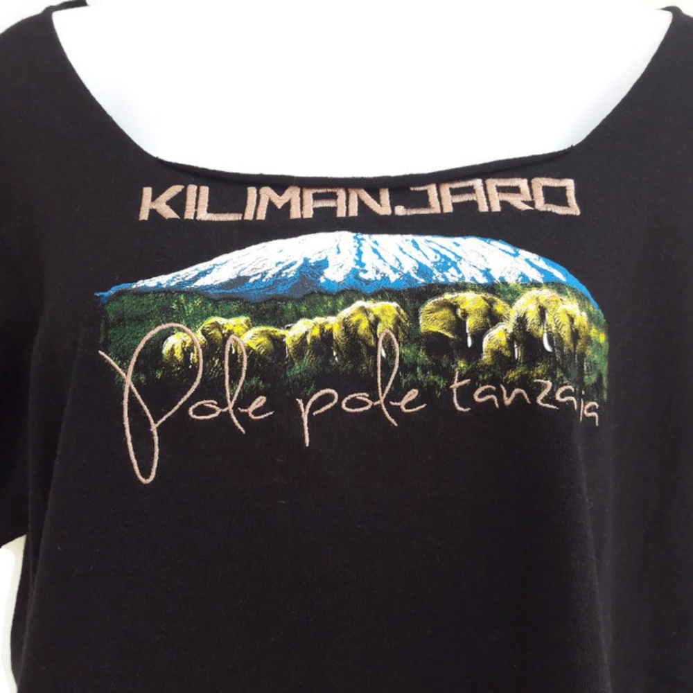 Luxe Black Kilimanjaro Tanzania Embroidered Text T-Shirt Tee Cut Distressed M